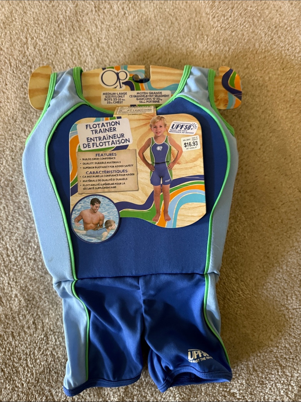 OP Kids Blue and Light Blue Flotation Trainer One-Piece with Green Trim